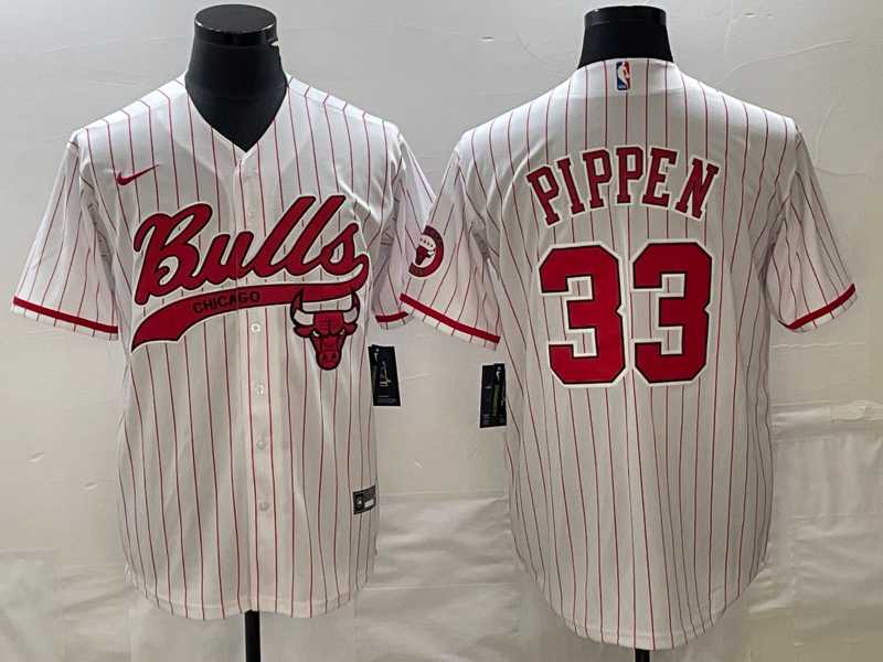 Men%27s Chicago Bulls #33 Scottie Pippen White Pinstripe Cool Base Stitched Baseball Jersey